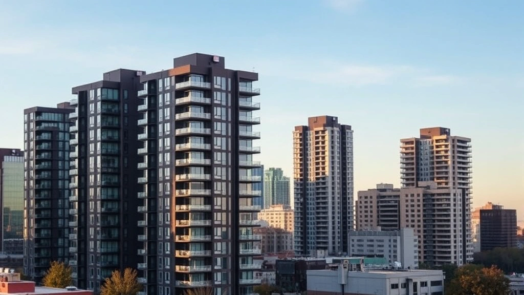 Modern residential high-rise apartment buildings in Washington DC skyline with contemporary architecture, professional photography, daytime with clear sky, showing urban density and modern development