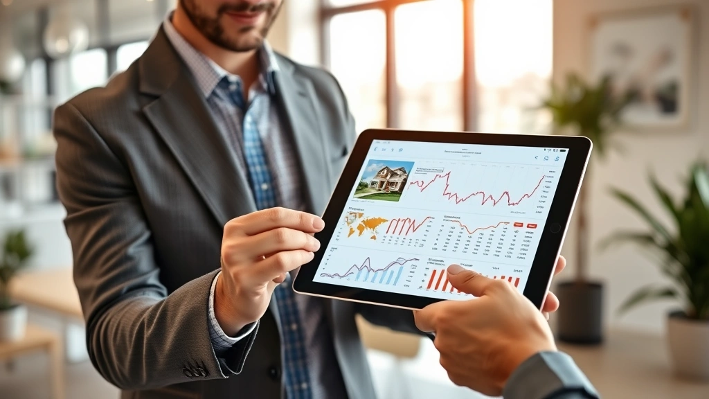 Professional real estate agent or analyst reviewing housing market data on tablet with neighborhood maps and price charts visible, modern office setting with market analytics