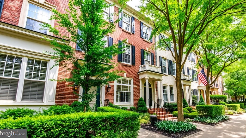 Upscale townhouse or residential property exterior in DC neighborhood with manicured landscaping, reflecting premium real estate investment, architectural detail prominent