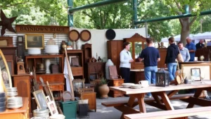 Professional vendor booth at outdoor Denver flea market with organized vintage furniture display, customers browsing merchandise, natural daylight, busy market atmosphere, picnic tables with organized goods