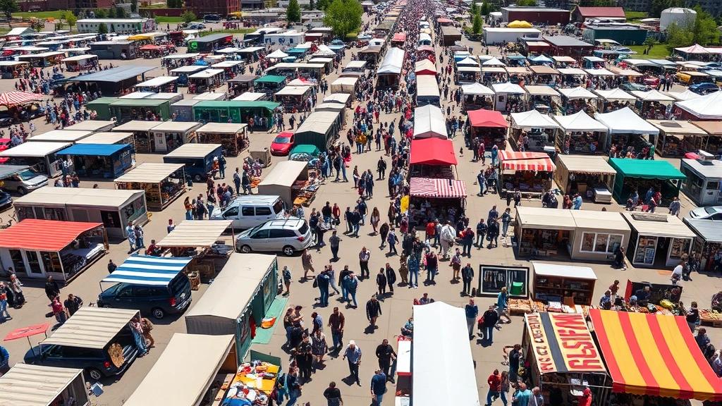Wide aerial view of crowded Denver flea market during peak hours with hundreds of shoppers browsing multiple vendor booths, mix of vintage items and merchandise visible, sunny weather, busy commerce scene