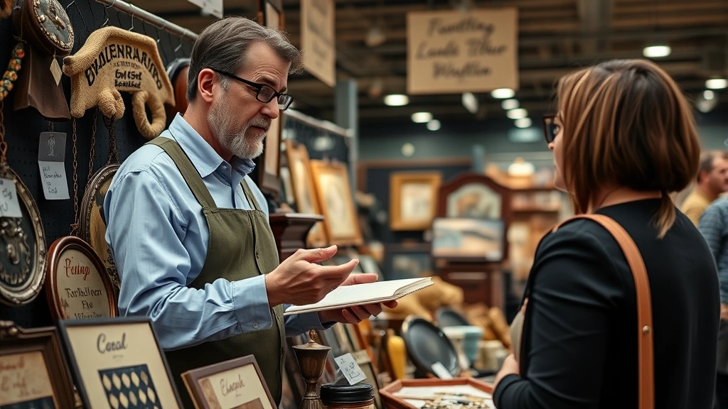 Close-up of experienced vendor in professional booth explaining vintage item to interested customer, merchandise clearly displayed with pricing, handwritten signs visible, professional retail setup with good lighting