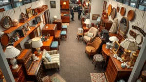 Overhead view of organized vintage booth displaying mid-century furniture, decorative items, and carefully arranged merchandise with warm lighting and customer browsing in background