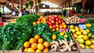 Vibrant farmers market produce display with fresh cilantro bundles, colorful mangoes, fresh ginger root, and turmeric arranged in wooden crates and bins under bright natural lighting, showing the authentic marketplace aesthetic with multiple customers browsing in the background