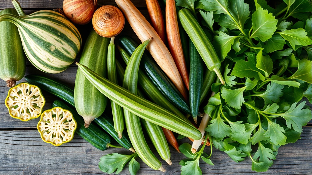 Close-up overhead shot of fresh South Asian vegetables including bitter melon, okra, ridge gourd, drumsticks, and leafy greens arranged artfully on rustic wooden surface with natural daylight highlighting texture and freshness details