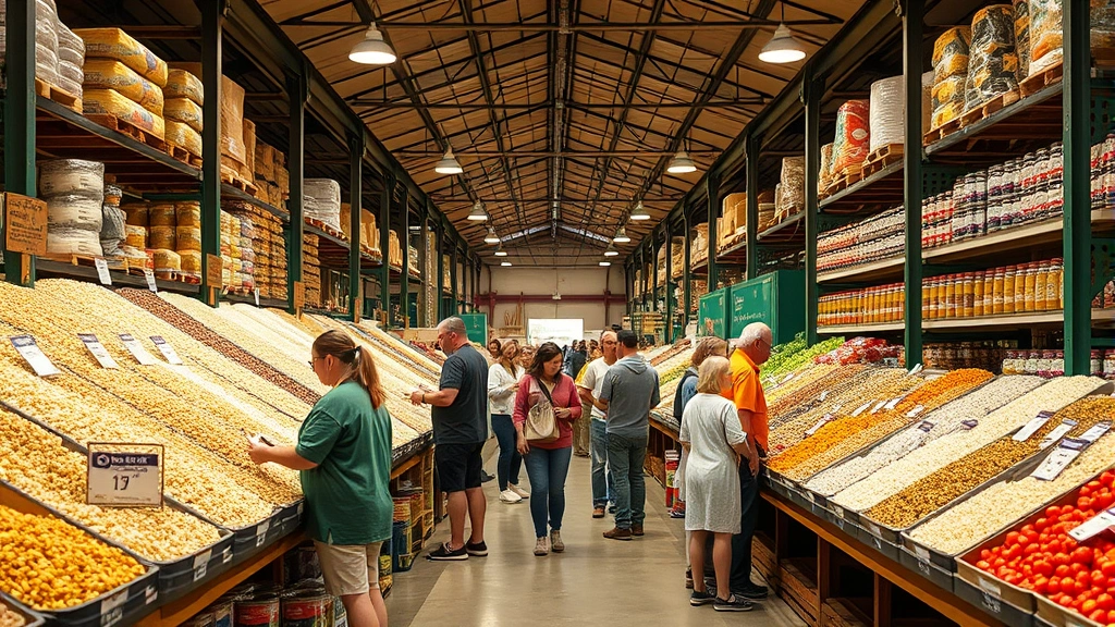Interior warehouse-style farmers market with customers shopping at bulk bins of rice varieties, spices, and pantry staples, with produce displays lining the aisles, showing the community atmosphere and diverse shoppers of various backgrounds