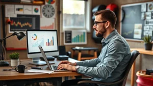 Professional entrepreneur working at desk with laptop in home office garage setup, surrounded by marketing analytics charts and graphs on monitor, natural daylight from window, focused expression