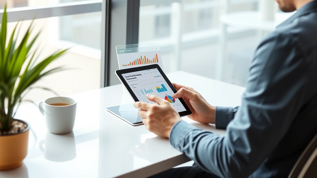 Small business owner analyzing social media metrics on tablet while sitting at modern workspace, colorful dashboard visualizations visible on screen, coffee cup nearby, professional casual attire