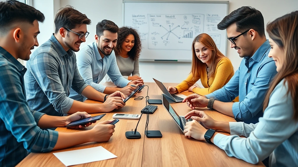 Diverse team of young entrepreneurs collaborating around wooden table with multiple devices showing marketing campaigns, whiteboard with strategy sketches in background, creative energy visible