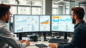 Professional team of digital marketers analyzing performance metrics on multiple monitors displaying analytics dashboards, charts, and conversion data in modern office environment