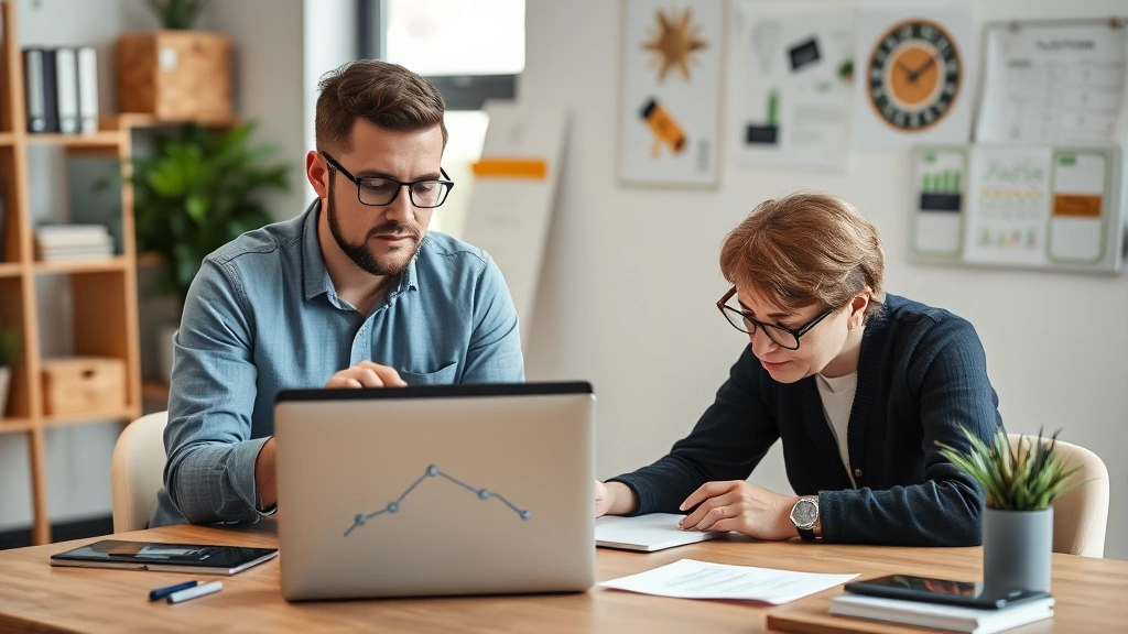 E-commerce business owner reviewing social media marketing strategy with agency representative, laptop showing campaign performance, collaborative workspace with marketing materials