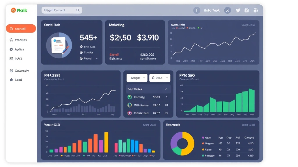 Digital marketing agency dashboard showing integrated marketing channels including email, social media, PPC, and SEO metrics with growth trend lines and KPI indicators