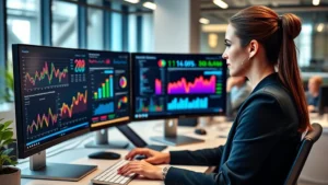 Professional female digital marketing strategist analyzing colorful data dashboards and analytics on multiple computer monitors in a modern office environment, showing graphs and metrics