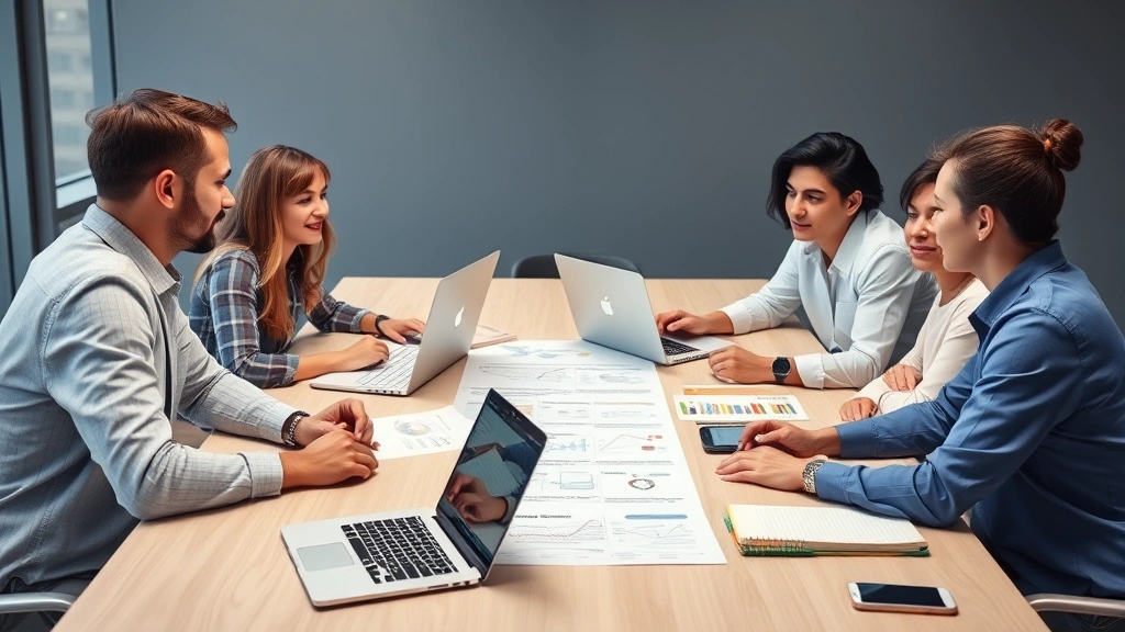 Team of diverse marketing professionals collaborating around a large table with laptops and notebooks, discussing strategy with digital marketing charts and content calendars visible
