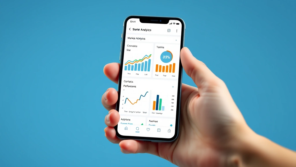 Hands holding a smartphone displaying marketing analytics app with conversion funnels, customer journey maps, and performance metrics in clean interface design