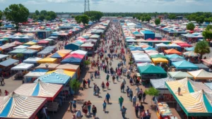 Aerial view of a bustling outdoor flea market with hundreds of vendor booths, colorful canopies, and crowds of shoppers walking between rows of merchandise displays on a sunny weekend afternoon