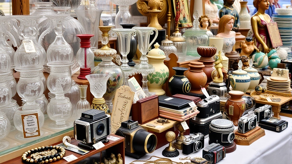 Close-up of diverse vintage merchandise displayed on vendor tables including antique glassware, collectible figurines, vintage cameras, old jewelry, and miscellaneous household items with price tags
