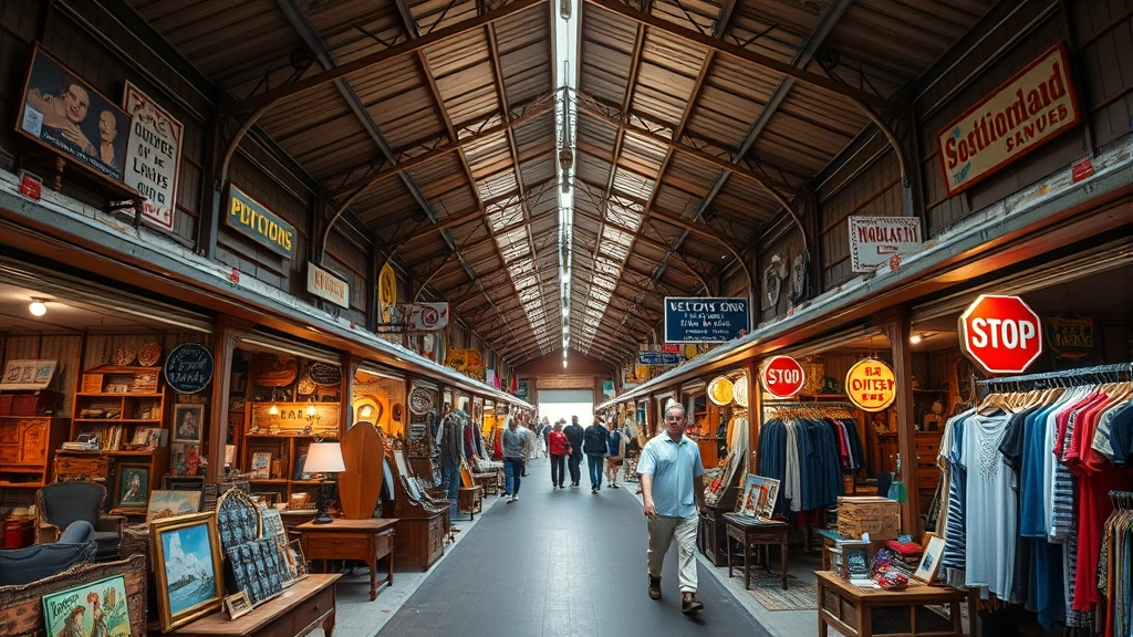 Wide-angle interior shot of a covered marketplace hall filled with vendor stalls displaying furniture, clothing racks, vintage signs, and customers browsing merchandise under bright overhead lighting