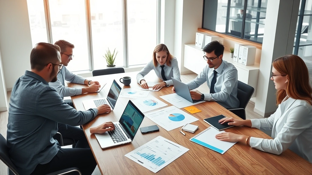 Professional business team collaborating around a large wooden table with laptops, papers, and data charts spread out, bright modern office with natural lighting, multiple people analyzing market data together
