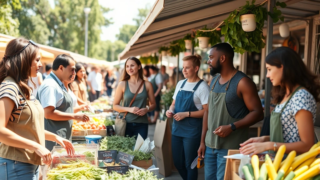 Diverse group of small business owners and entrepreneurs at a farmers market or open marketplace, displaying various products and goods, customers browsing and interacting, vibrant outdoor market setting with natural sunlight