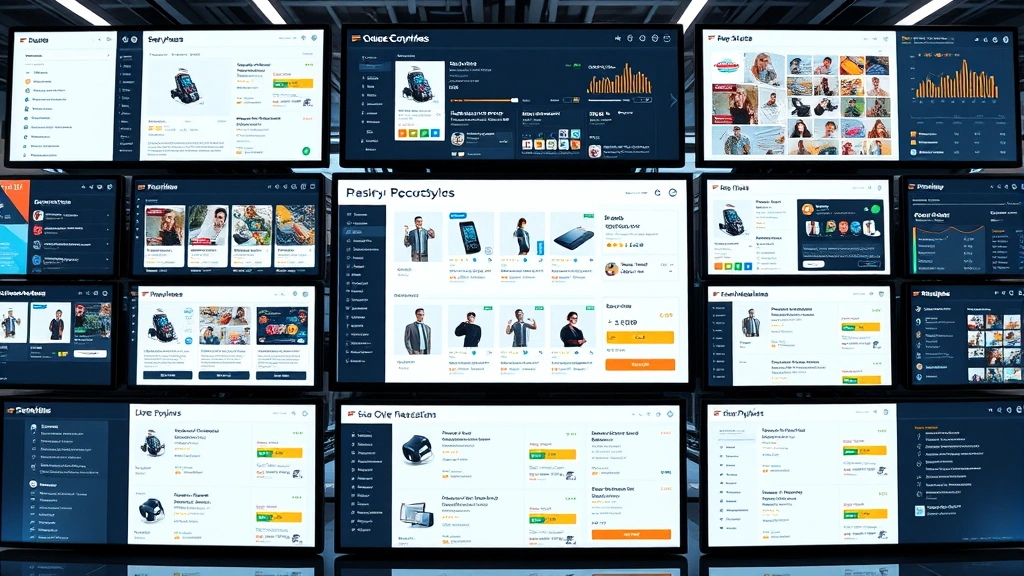 Digital marketplace interface displayed on multiple screens showing product listings, customer reviews, ratings, and price comparisons, representing e-commerce and open market transparency, professional tech environment with clean modern design
