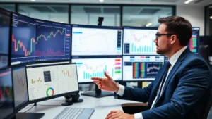 Professional financial analyst reviewing market data on computer screens showing stock charts and market indices in modern office setting, multiple monitors displaying real-time market information