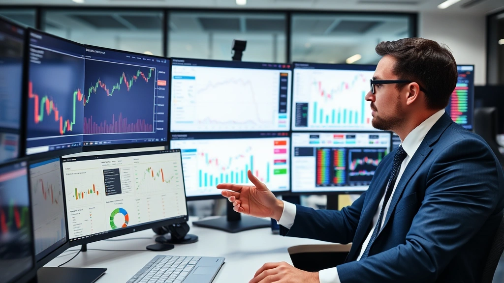 Professional financial analyst reviewing market data on computer screens showing stock charts and market indices in modern office setting, multiple monitors displaying real-time market information