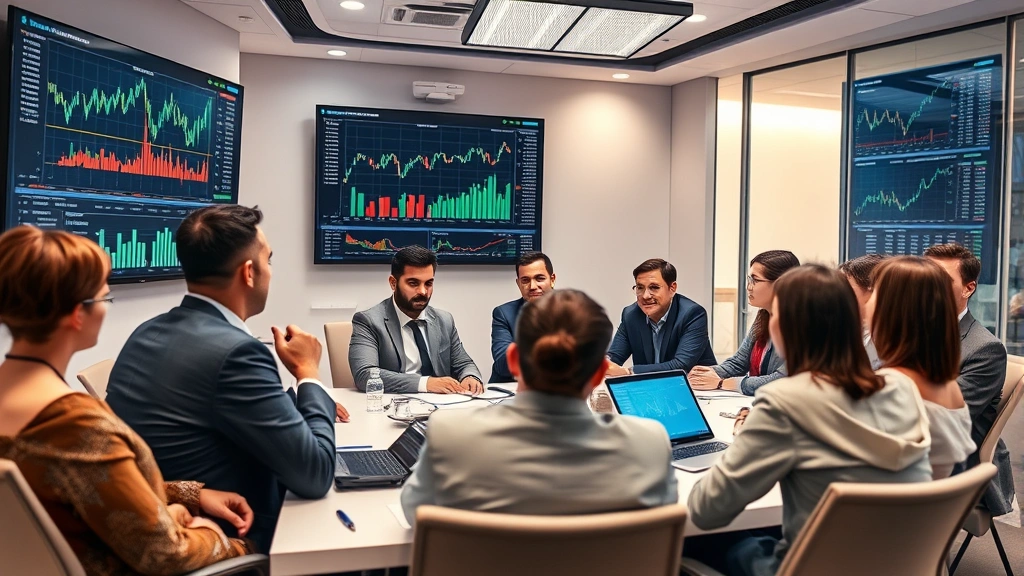 Diverse group of business professionals in modern conference room discussing investment strategy with financial charts and market analysis displayed on wall-mounted screens