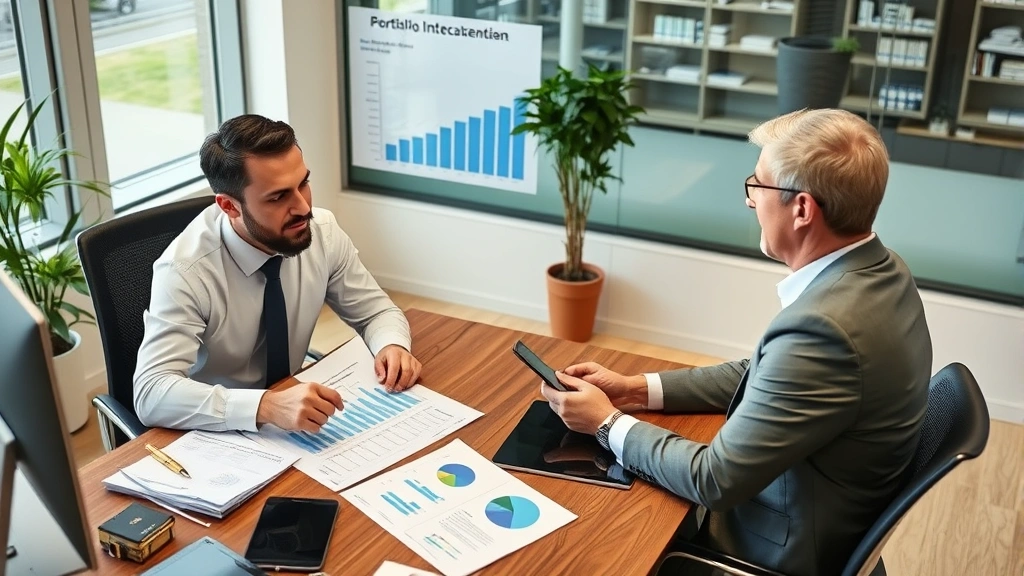 Financial advisor meeting with clients in professional office environment, reviewing portfolio performance and investment allocation documents on desk with charts and graphs visible