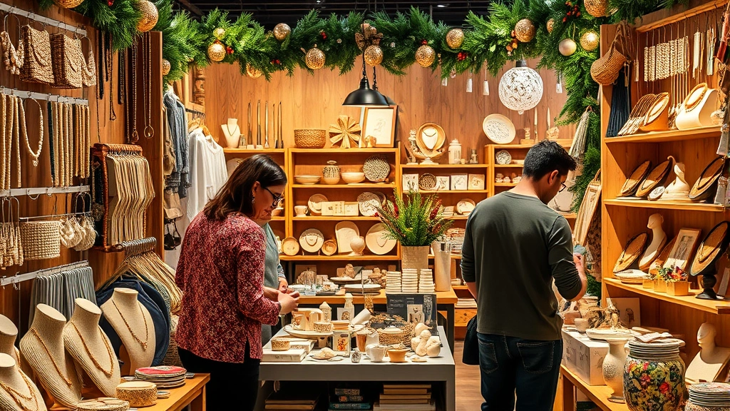 Close-up of artisan vendor booth displaying handcrafted jewelry, home décor items, and unique gifts with warm lighting and festive arrangement, shoppers browsing products, professional market setup with organized product displays