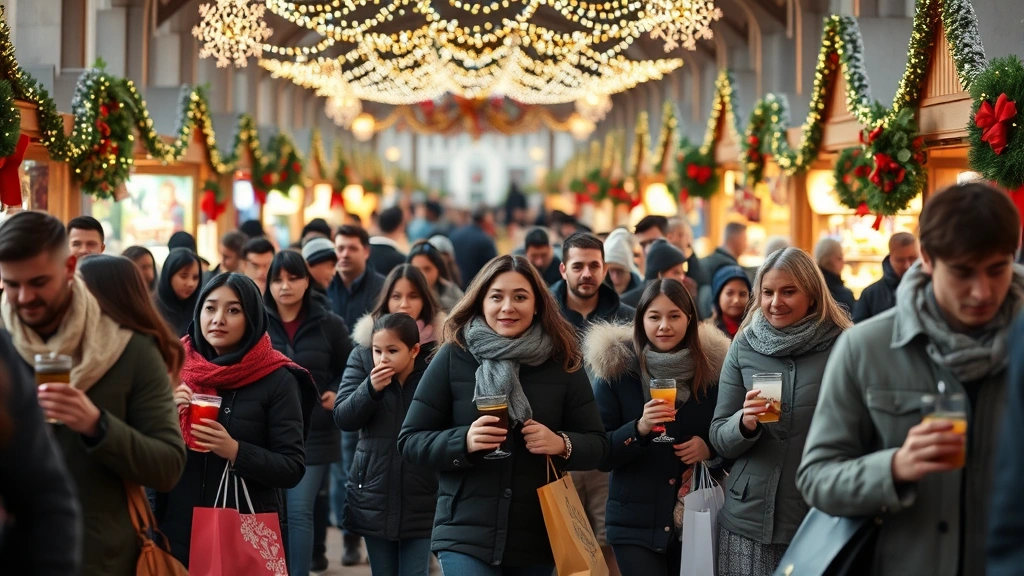 Crowded holiday market scene with families shopping, holding beverages and shopping bags, festive atmosphere with decorative lighting overhead, mix of vendor booths in background, seasonal ambiance with clear visibility of diverse shopper demographics