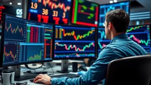 Professional trader analyzing real-time market data on multiple computer monitors displaying commodity prices, charts, and market trends in a modern financial trading office environment