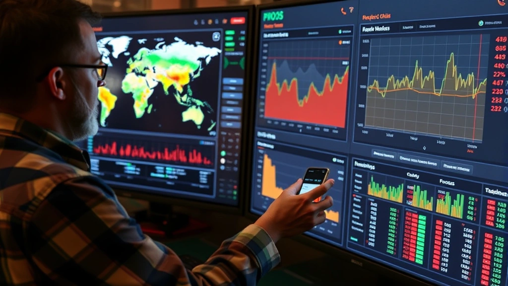 Supply chain manager reviewing weather maps and commodity price forecasts on a digital dashboard, showing integration of meteorological data with agricultural market intelligence