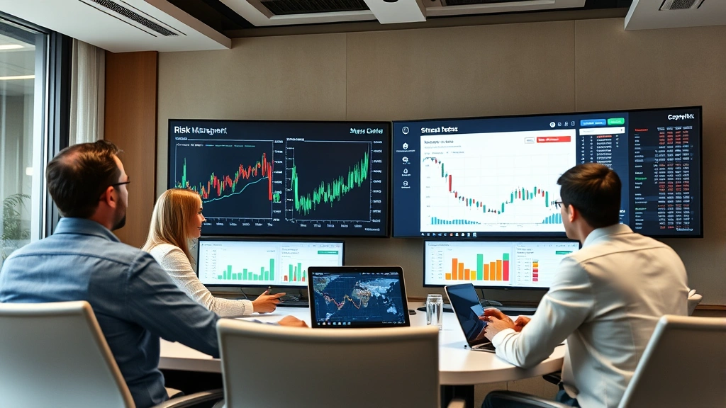 Risk management team in conference room examining market scenarios and stress test results on large displays, demonstrating enterprise-level decision-making with advanced analytics