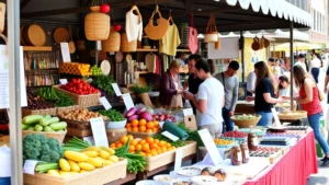 Diverse vendors at outdoor market booth displaying fresh produce, artisan crafts, and prepared foods with colorful displays and customer interaction, natural daylight, bustling marketplace atmosphere