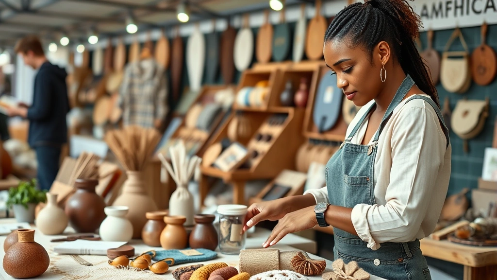 Small business owner at market vendor booth arranging handmade products with professional presentation, organized display setup, customer browsing items in background, professional retail environment