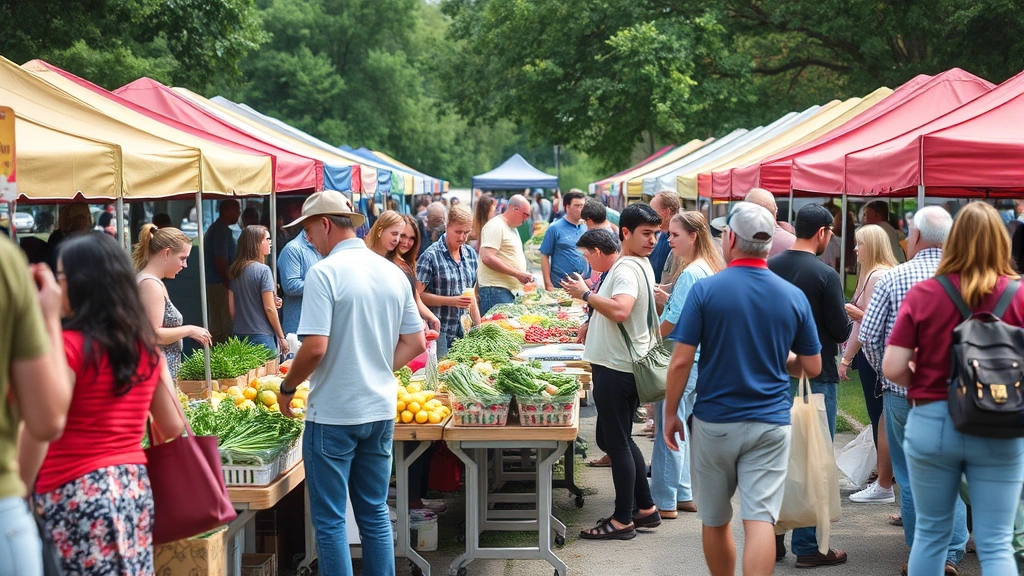 Community gathering at outdoor farmers market with multiple vendor tents, diverse customers shopping, fresh products visible, social interaction and commerce activity, community event feeling