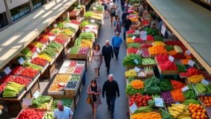Overhead view of bustling farmers market with colorful produce displays, vendors behind wooden stands, and diverse customers walking between booths, natural sunlight, vibrant fresh vegetables and fruits visible