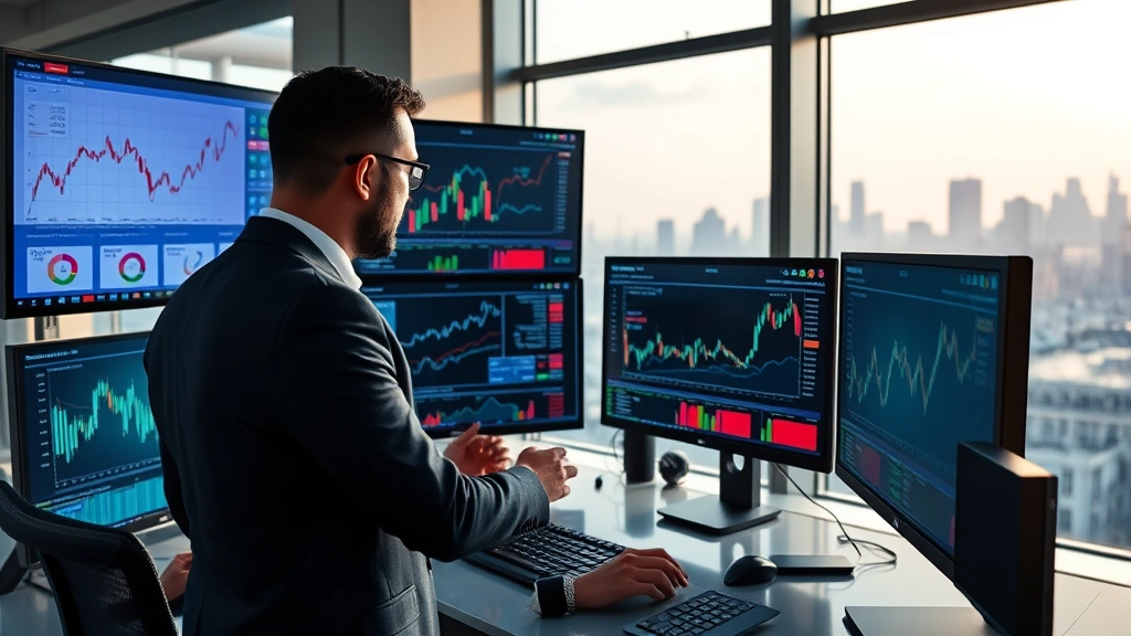 Professional investor analyzing emerging market data on multiple monitors displaying charts, graphs, and market indicators in a modern financial office setting with global city skylines visible through windows