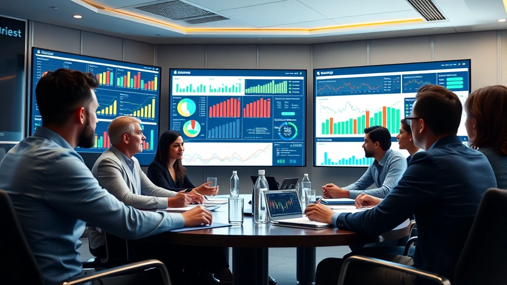 Diverse group of business professionals in a conference room reviewing colorful portfolio performance dashboards and investment metrics on large display screens during strategic planning session