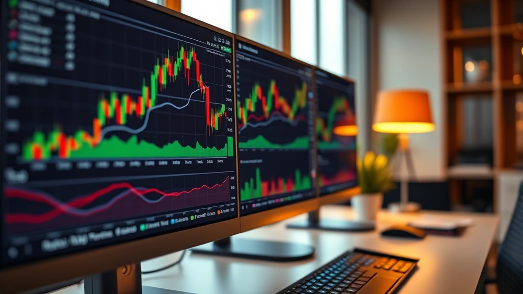 Close-up of sophisticated trading terminal showing real-time market data, candlestick charts, and portfolio analytics with warm ambient lighting reflecting off the screen in a wealth management office