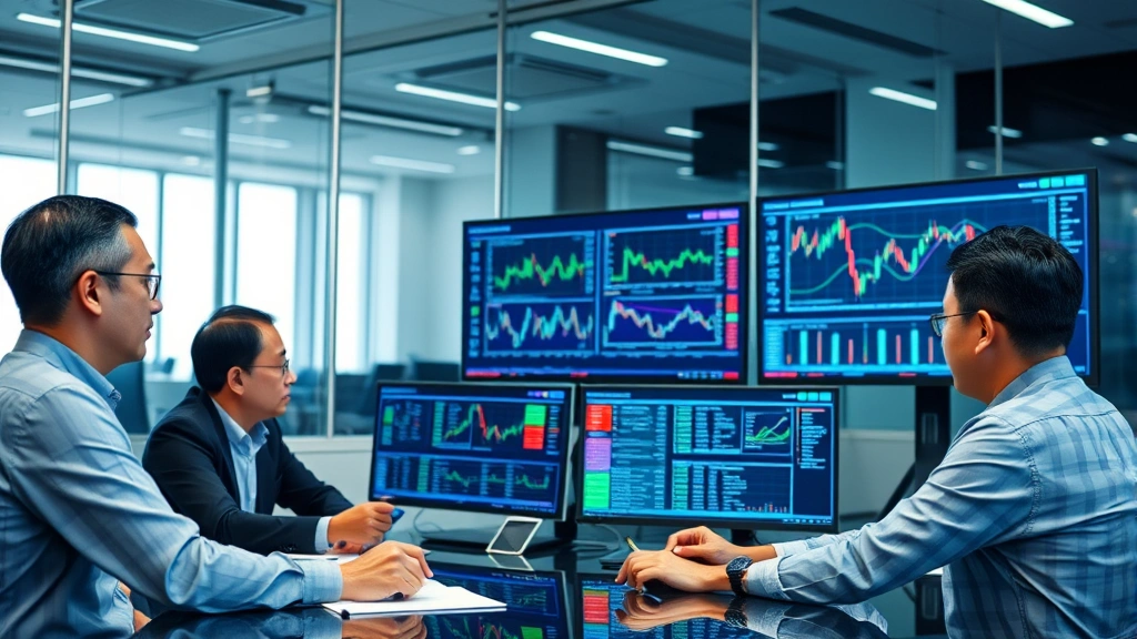 Professional business meeting with Asian executives reviewing market analytics on multiple computer monitors displaying charts and trading data in modern glass-walled conference room