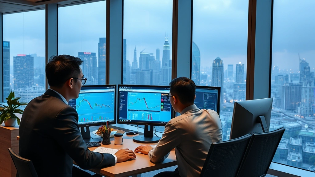 East Asian business professionals analyzing market data and trade statistics on computer screens in modern office setting with city skyline visible through windows