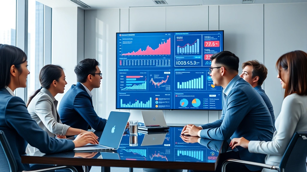 Diverse team of business professionals from East Asian markets collaborating in modern conference room with digital displays showing market analytics and growth projections