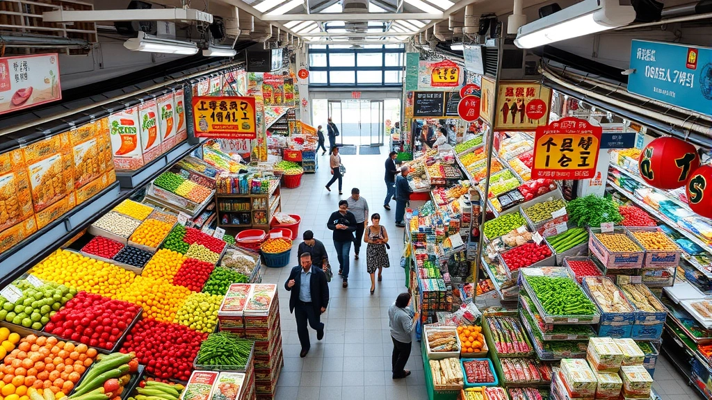 Overhead view of a bustling Asian market with colorful fresh produce displays, customers shopping, vibrant signage, organized aisles with packaged goods and specialty products, natural daylight from storefront windows