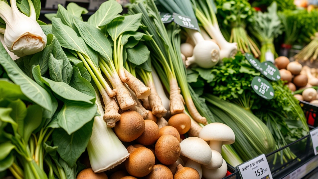 Close-up of diverse fresh Asian vegetables and herbs on market shelves - bok choy, ginger root, specialty mushrooms, fresh herbs - with price labels visible, professional product photography style