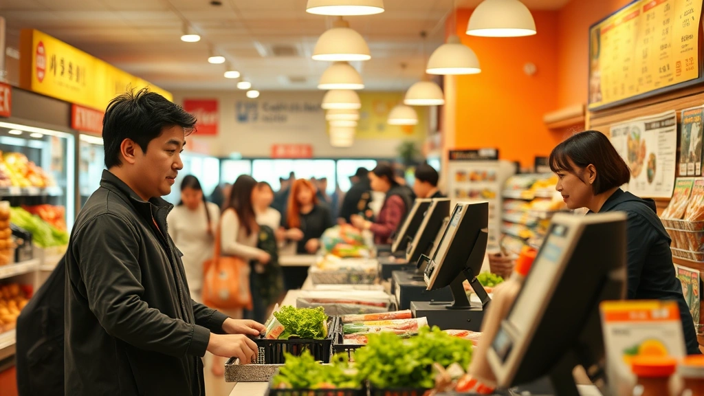 Warm interior scene of Asian market checkout area with friendly staff member helping customers, diverse shoppers in background, well-lit modern registers, community bulletin board with event posters on wall