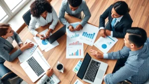 Professional diverse team collaborating at wooden table with laptops and documents, analyzing market data charts and graphs with focus and engagement