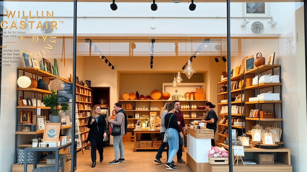 Modern retail storefront interior with contemporary design, local artisan products displayed on shelves, customers browsing merchandise with visible satisfaction