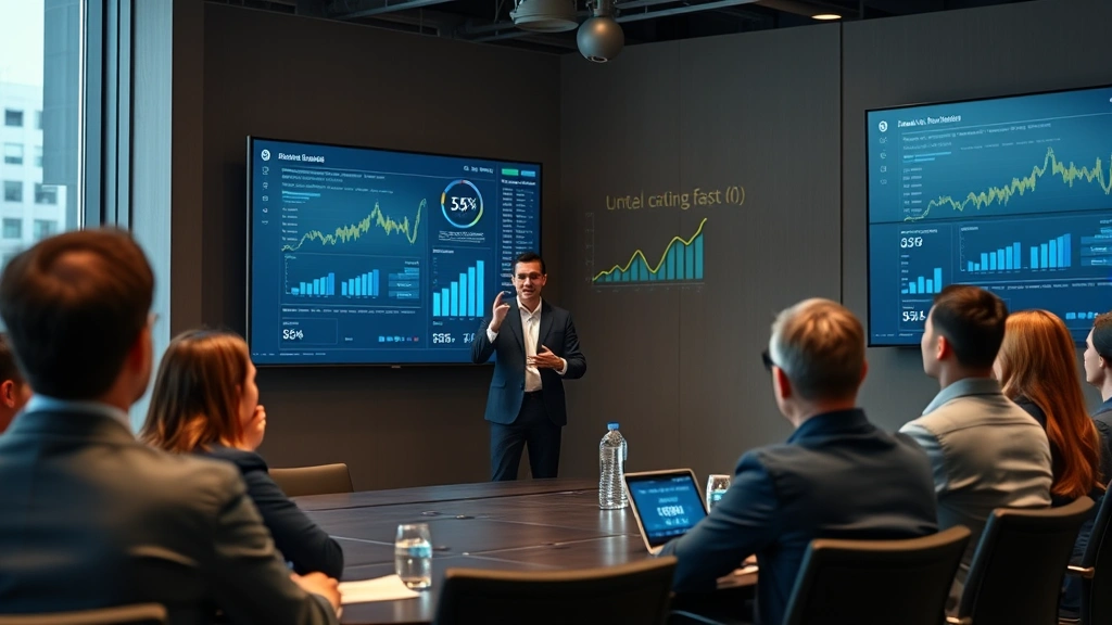 Business professional presenting market insights to engaged audience in modern conference room, digital screens showing analytics dashboards and growth metrics